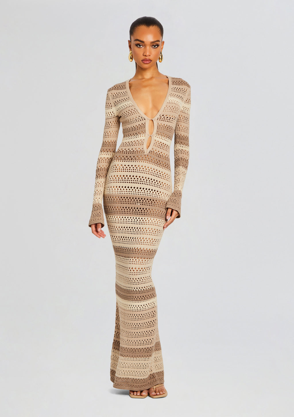 Lilith Knit Crochet Maxi Dress by SEROYA in Beige Stripe, product image 5