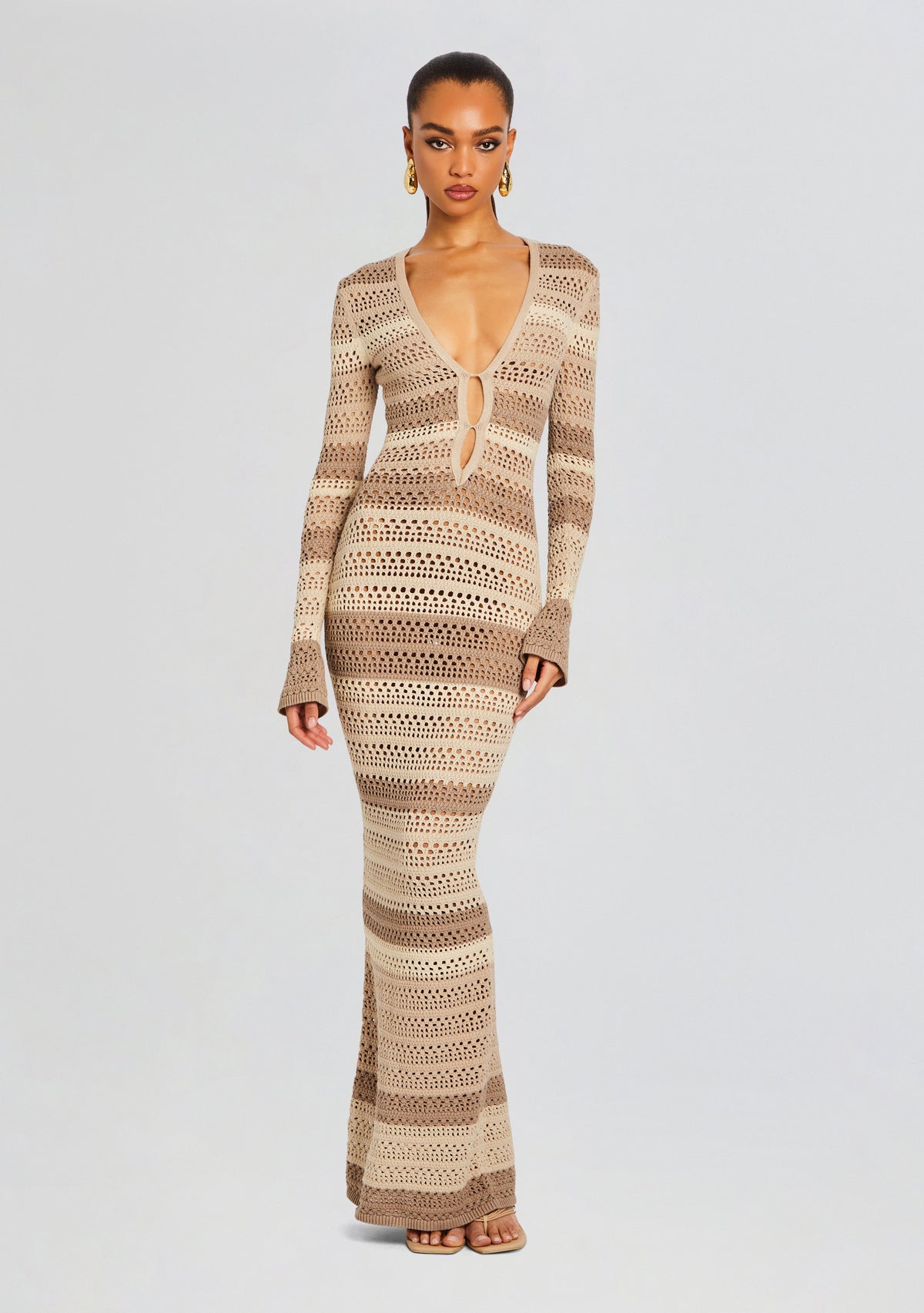 Lilith Knit Crochet Maxi Dress by SEROYA in Beige Stripe, product image 5