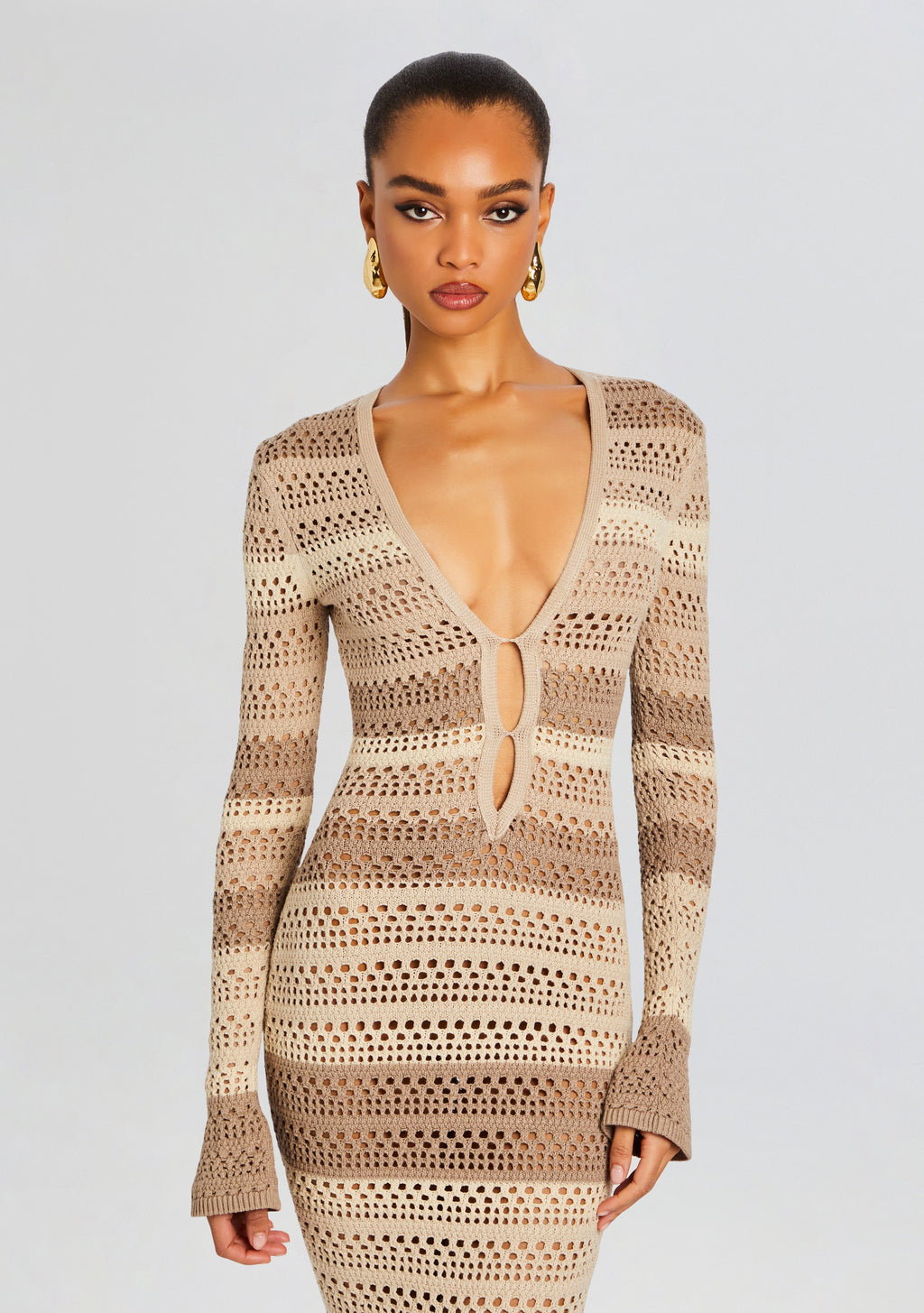 Lilith Knit Crochet Maxi Dress by SEROYA in Beige Stripe, product image 2