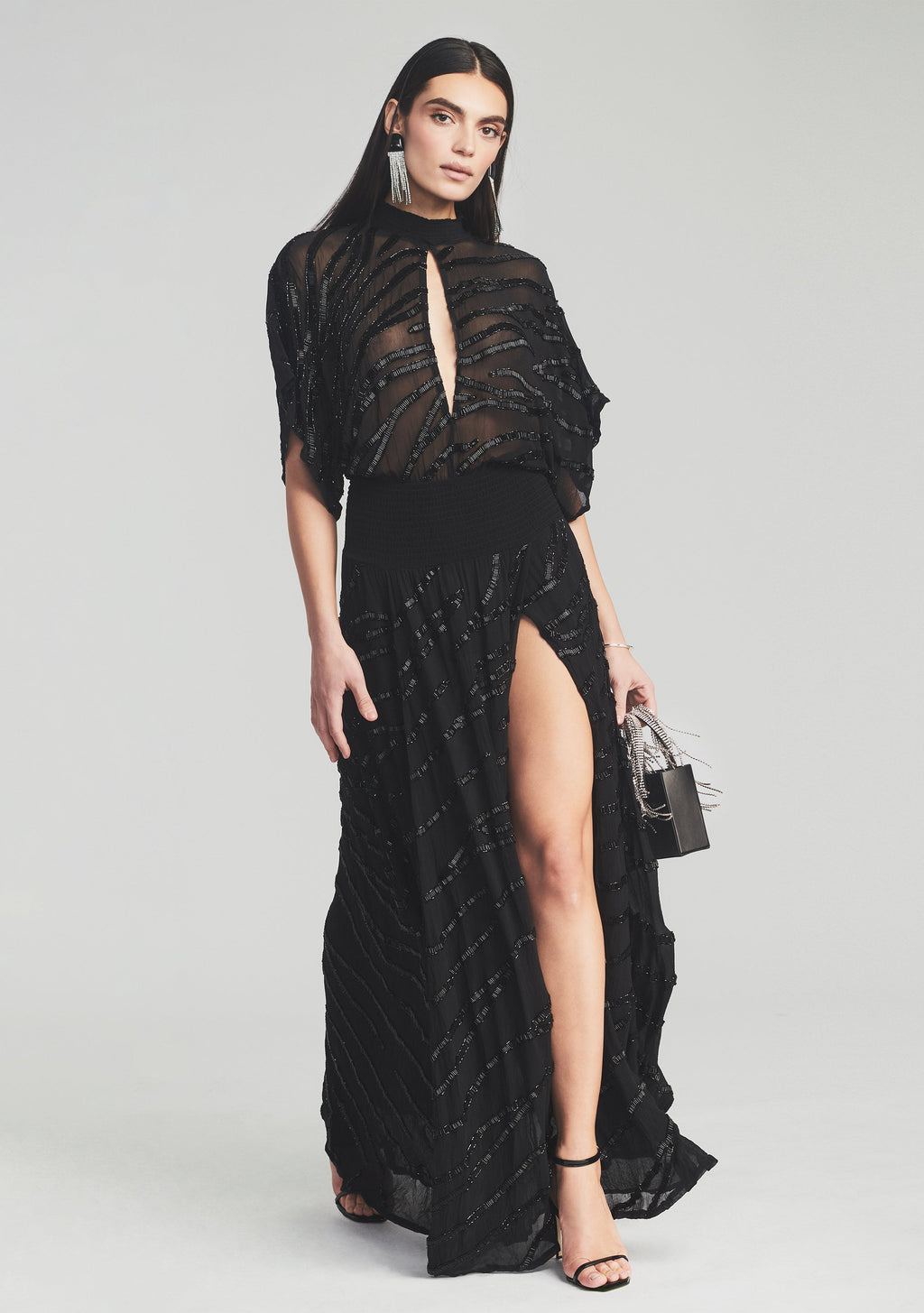 Lilo Embellished Silk Chiffon Dress by retrofête in Black, product image 6