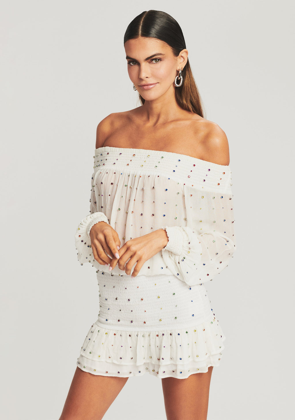 Taisha Embellished Silk Chiffon Dress by retrofête in White w/ Rainbow, product image 5