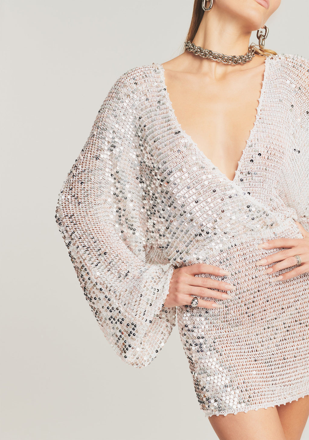 Lucia Sequin Crochet Dress by retrofête in White/Silver, product image 2