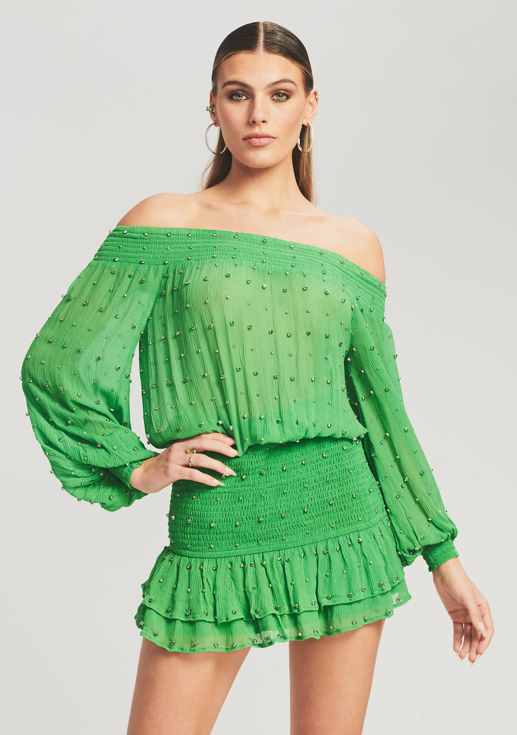 Taisha Embellished Silk Chiffon Dress by retrofête in Kelly Green, product image 5