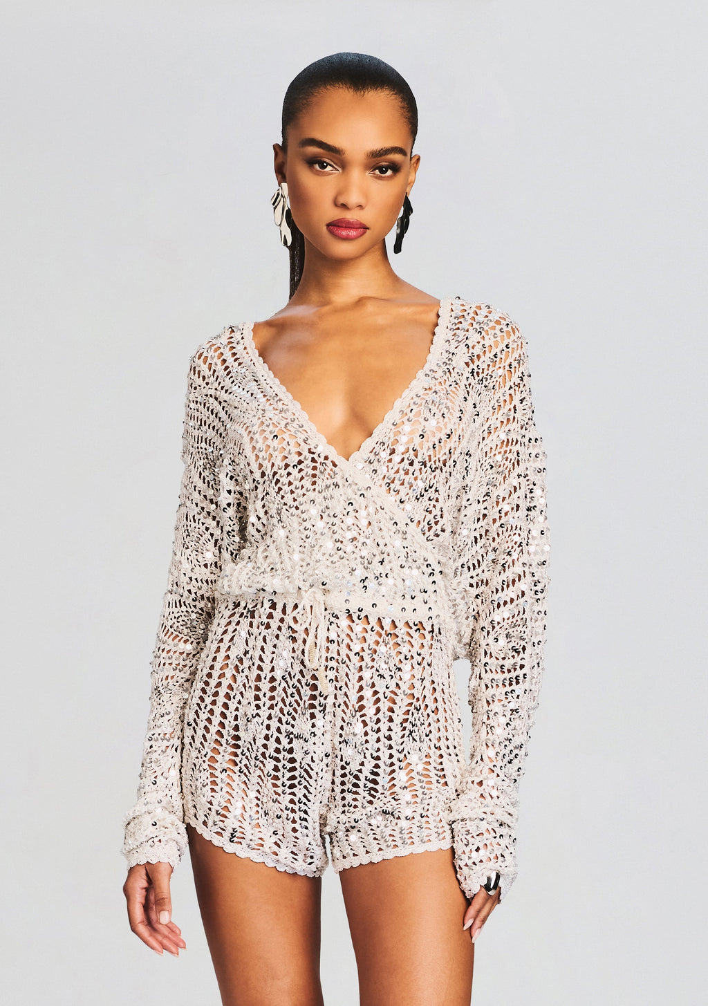Meadow Sequin Crochet Romper by retrofête in White/Silver, product image 2