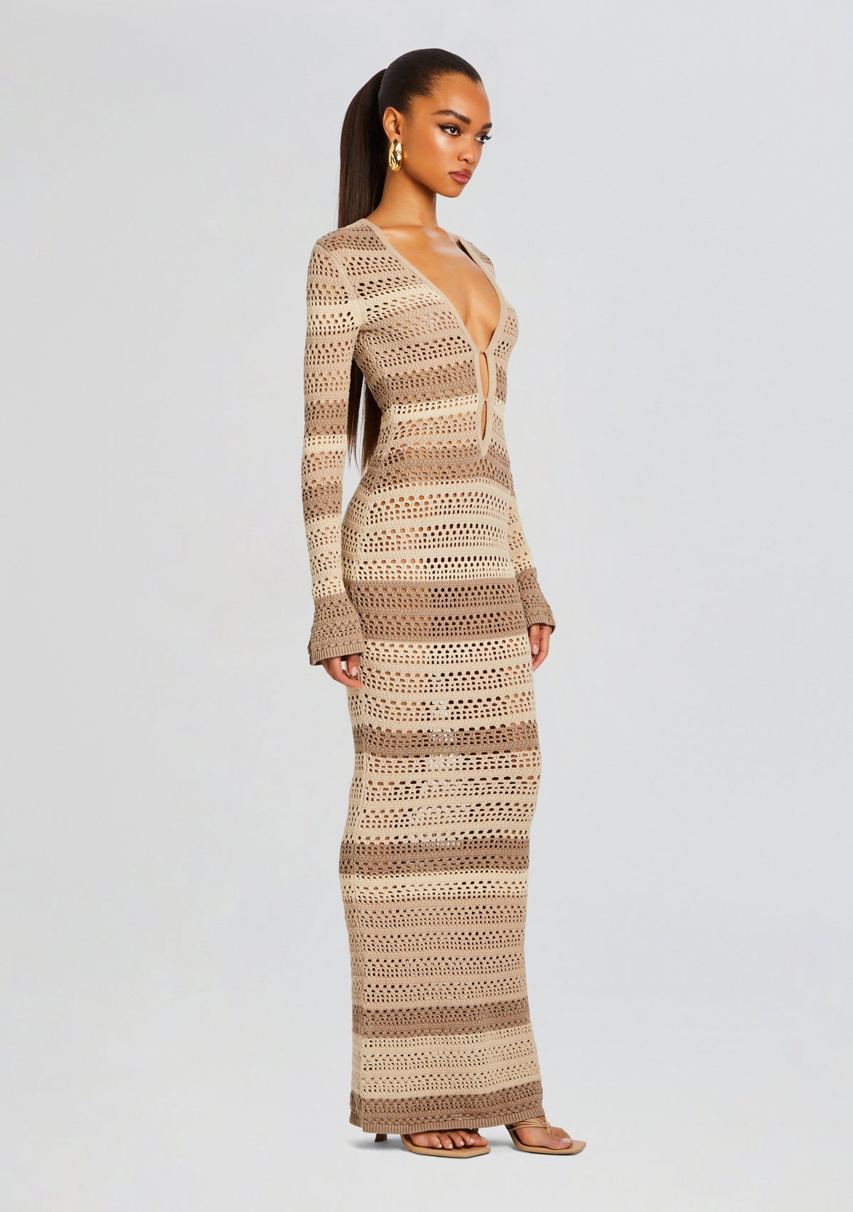 Lilith Knit Crochet Maxi Dress by SEROYA in Beige Stripe, product image 3
