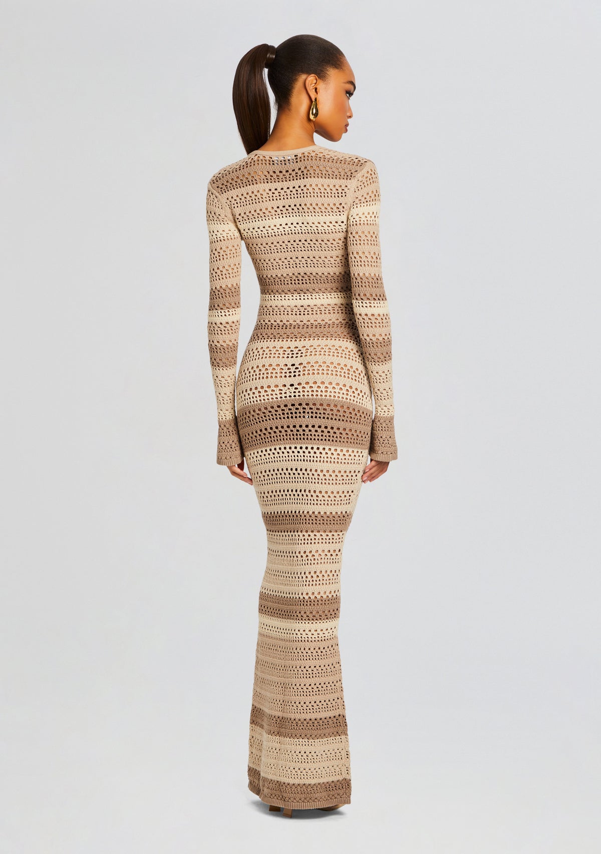 Lilith Knit Crochet Maxi Dress by SEROYA in Beige Stripe, product image 4