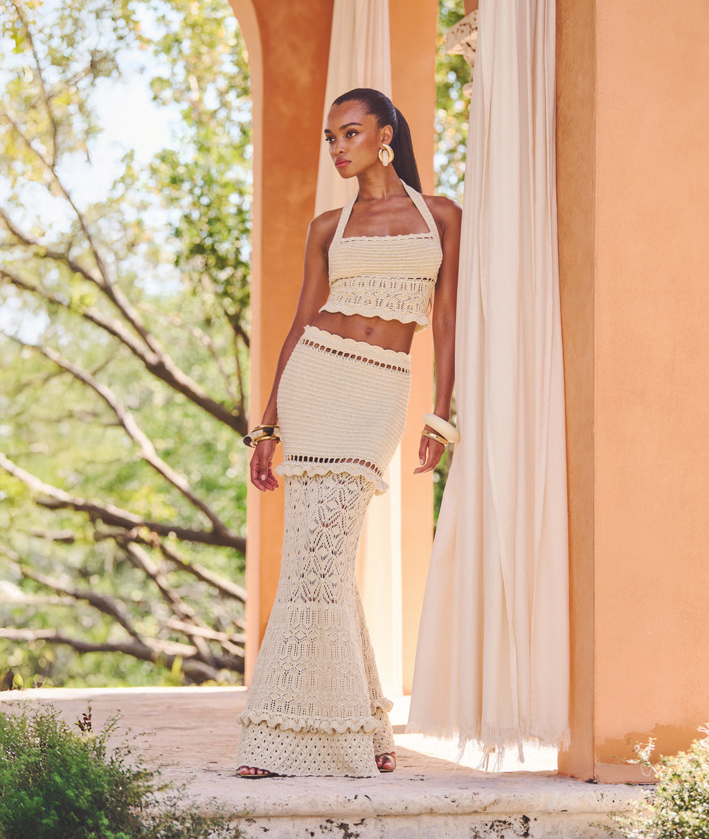 Magdalena Crochet Skirt by retrofête in Ivory/Gold, product image 2