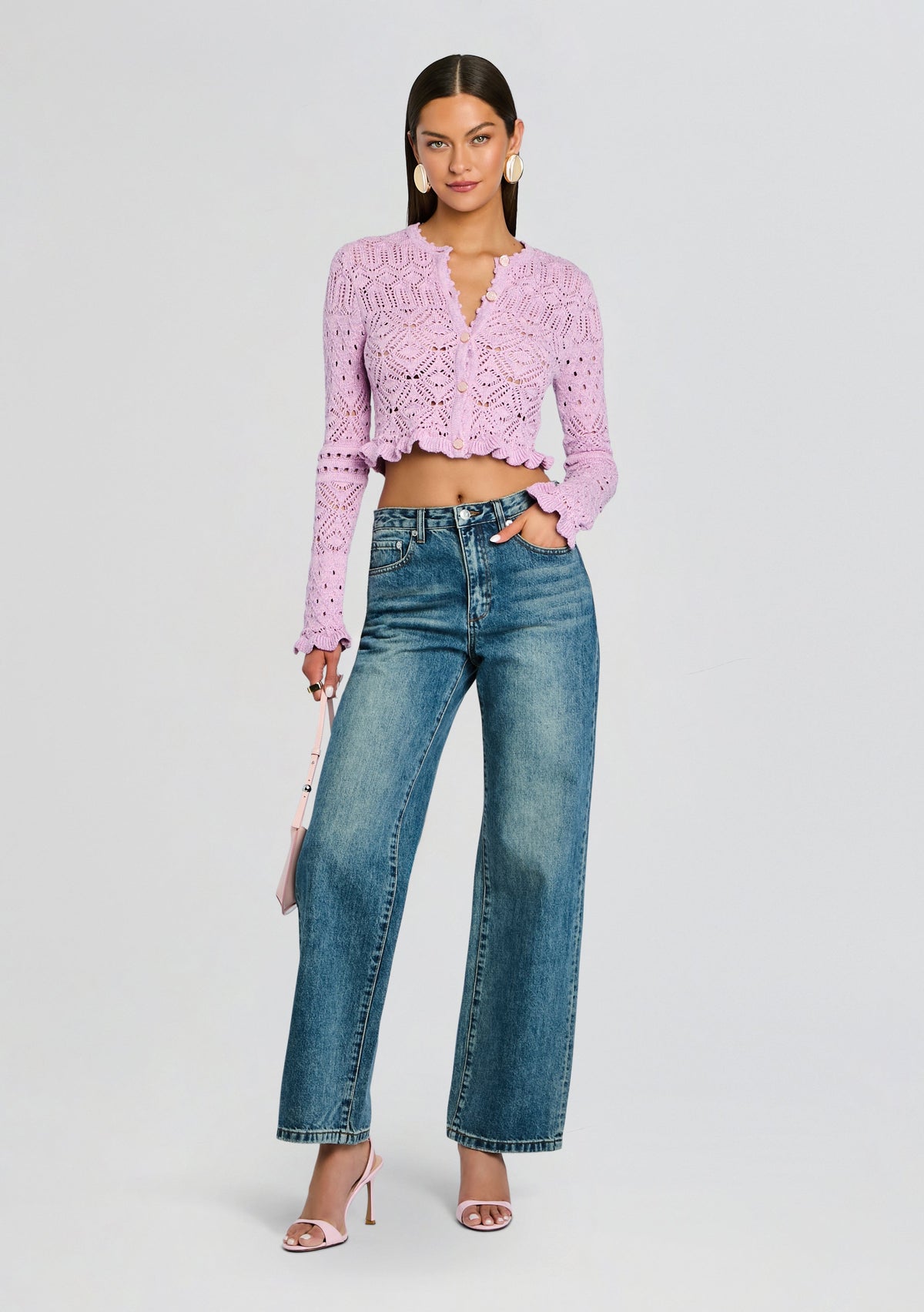 Giuliana Metallic Crochet Cardigan by retrofête in Metallic Lavande, product image 2