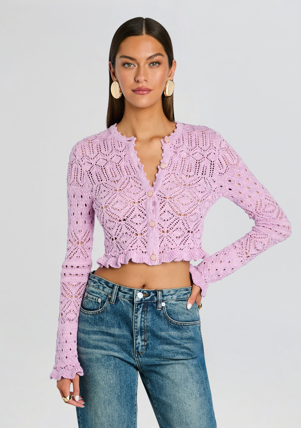 Giuliana Metallic Crochet Cardigan by retrofête in Metallic Lavande, product image 1
