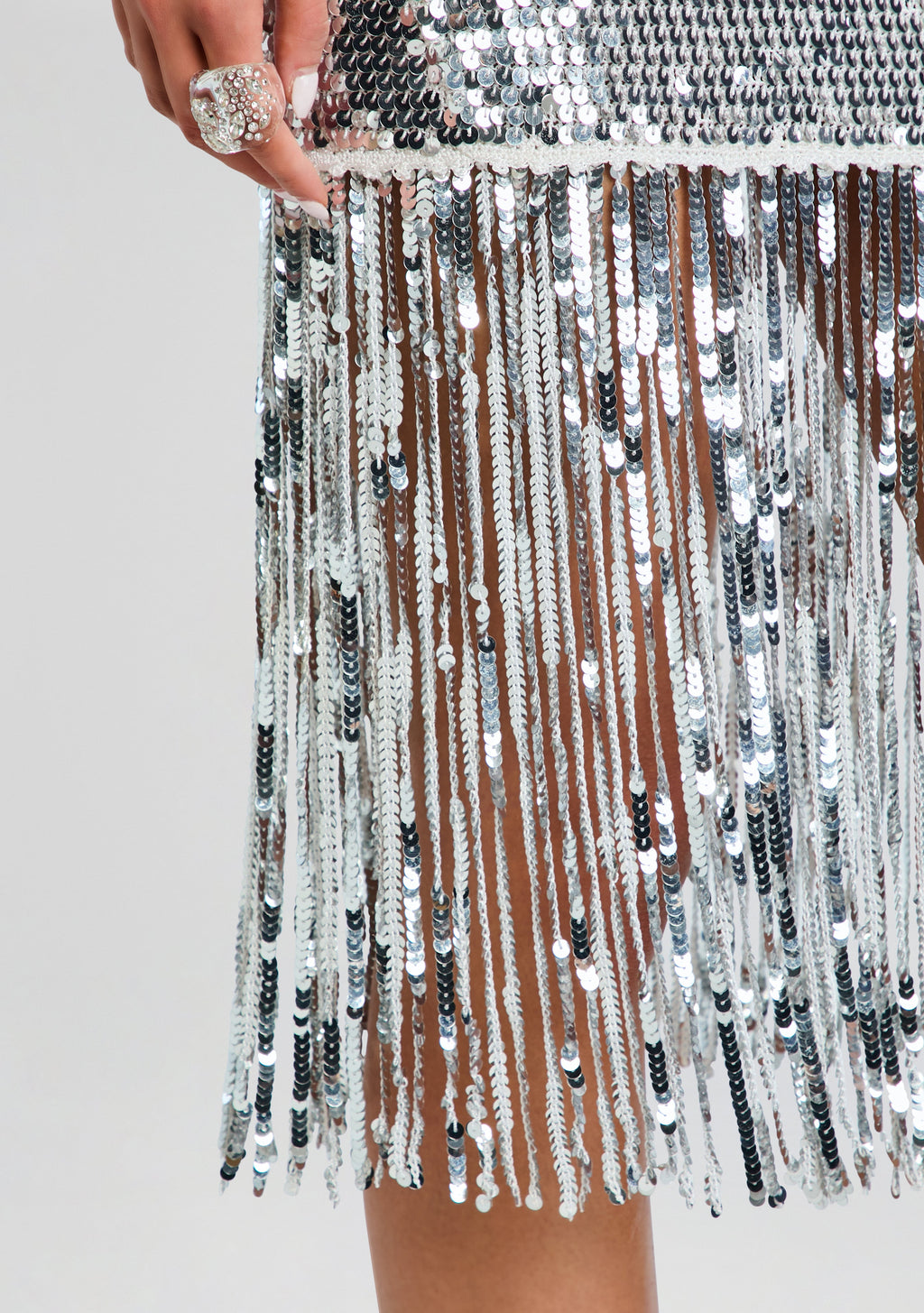 Nalu Sequin Fringe Crochet Dress by retrofête in White/Silver, product image 2