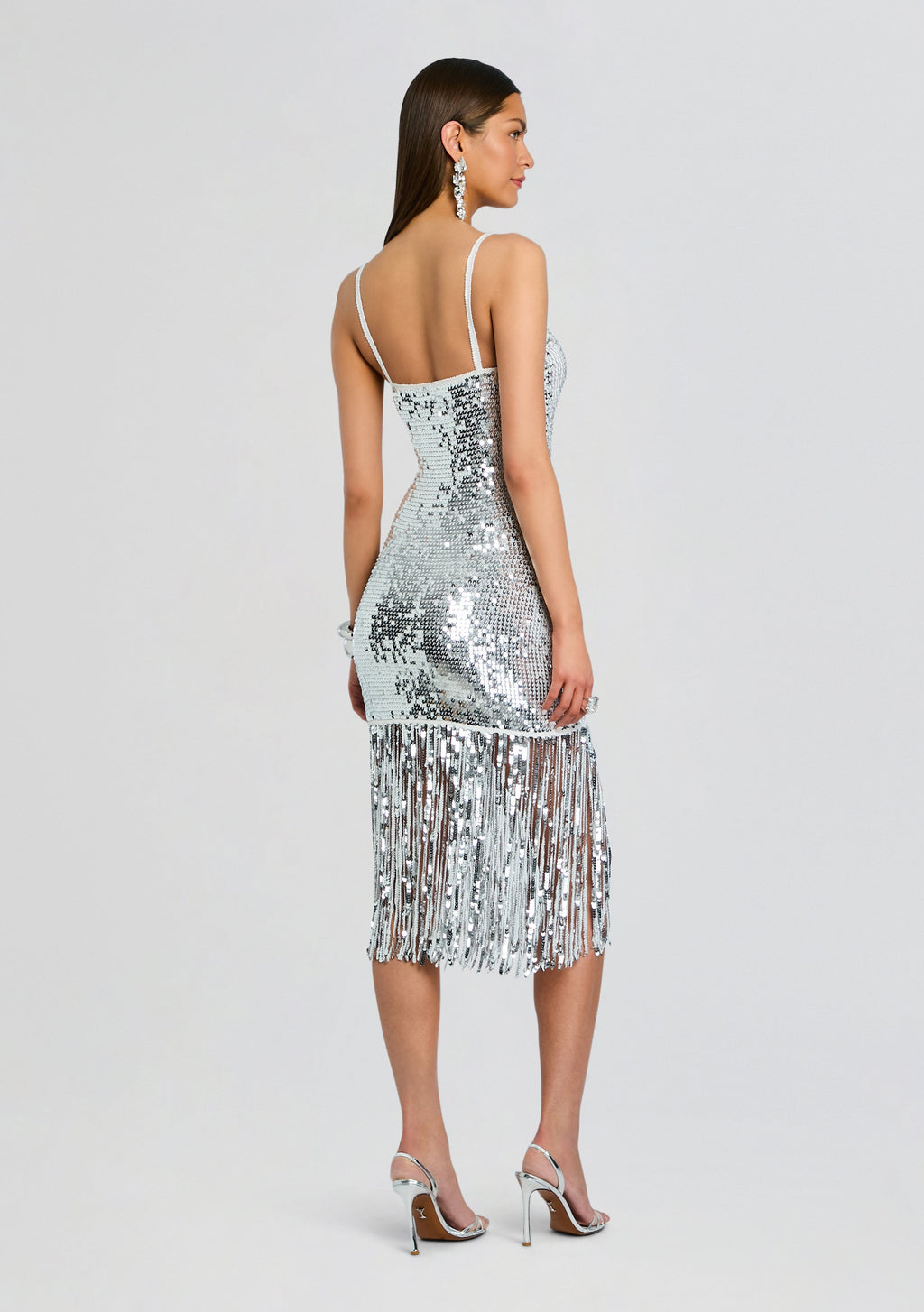 Nalu Sequin Fringe Crochet Dress by retrofête in White/Silver, product image 4