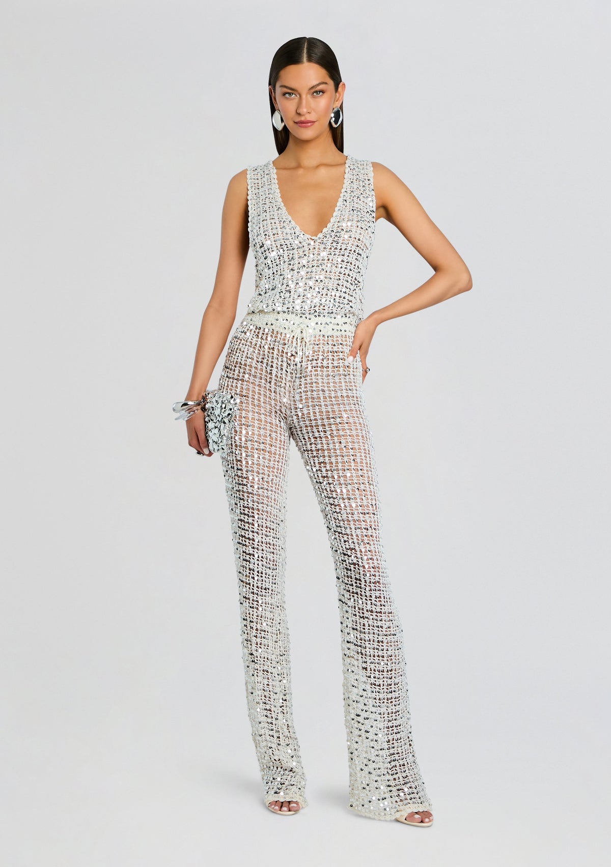 Nirvana Sequin Crochet Jumpsuit by retrofête in White/Silver, product image 1