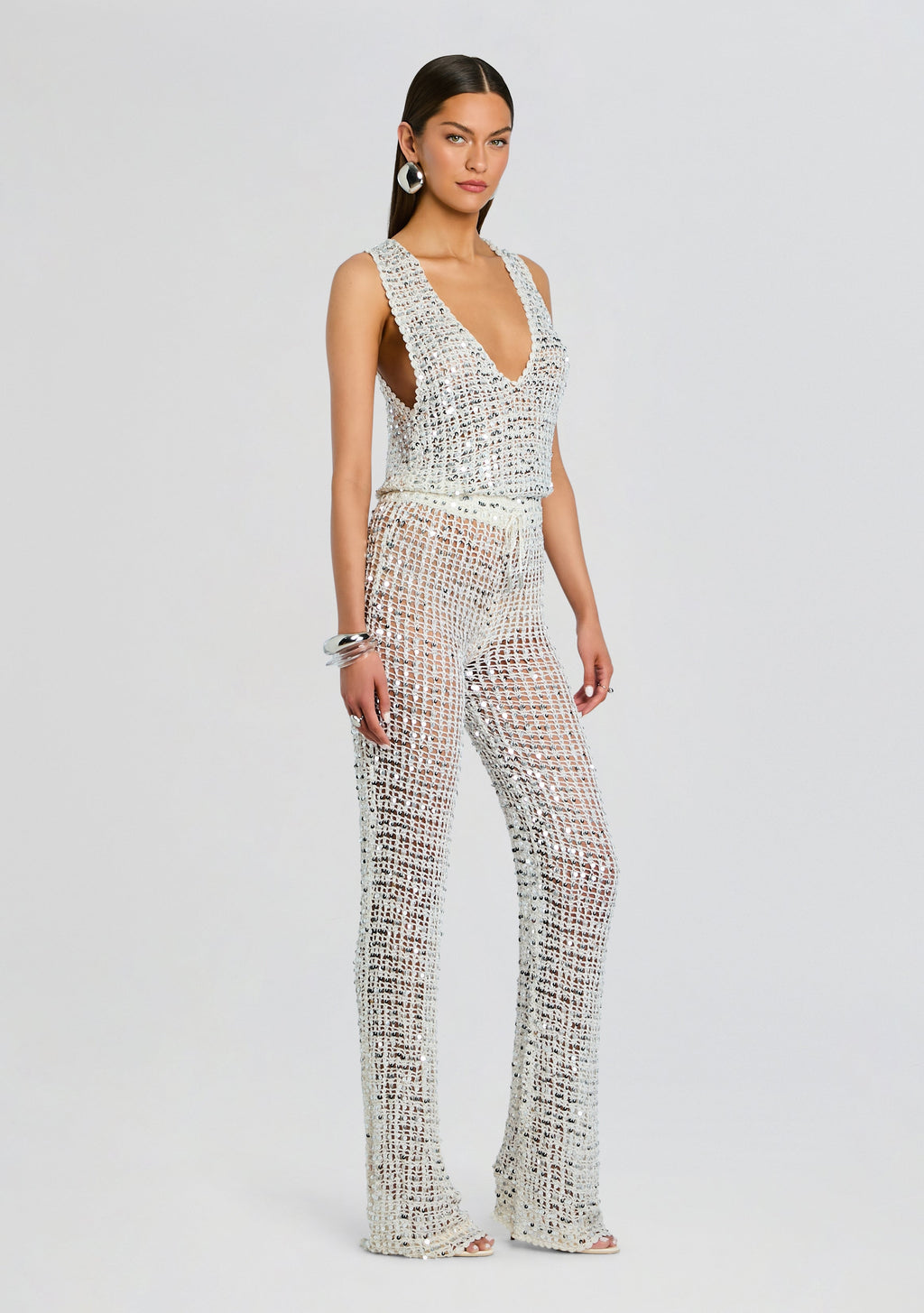 Nirvana Sequin Crochet Jumpsuit by retrofête in White/Silver, product image 3