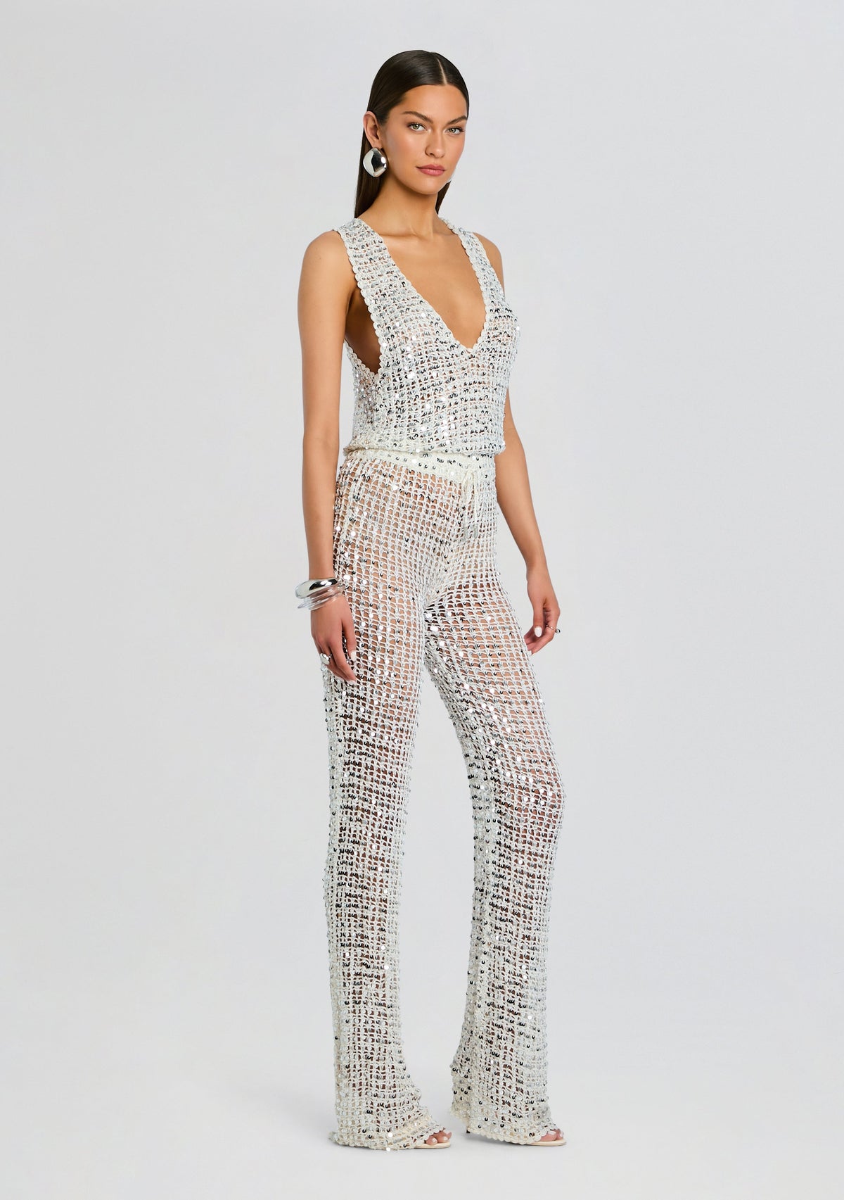 Nirvana Sequin Crochet Jumpsuit by retrofête in White/Silver, product image 3