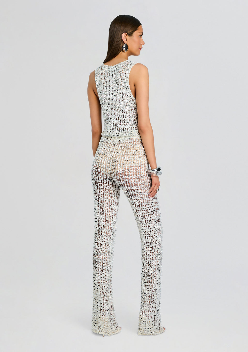 Nirvana Sequin Crochet Jumpsuit by retrofête in White/Silver, product image 4