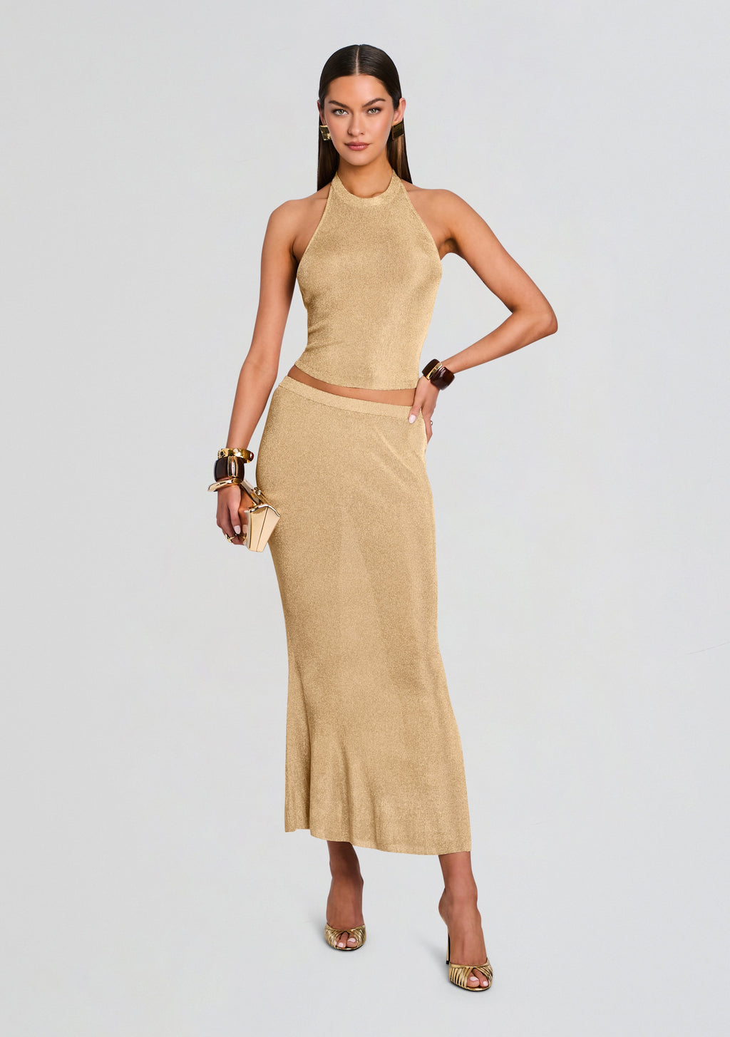 Harmony Metallic Knit Skirt by SEROYA in Gold, product image 2