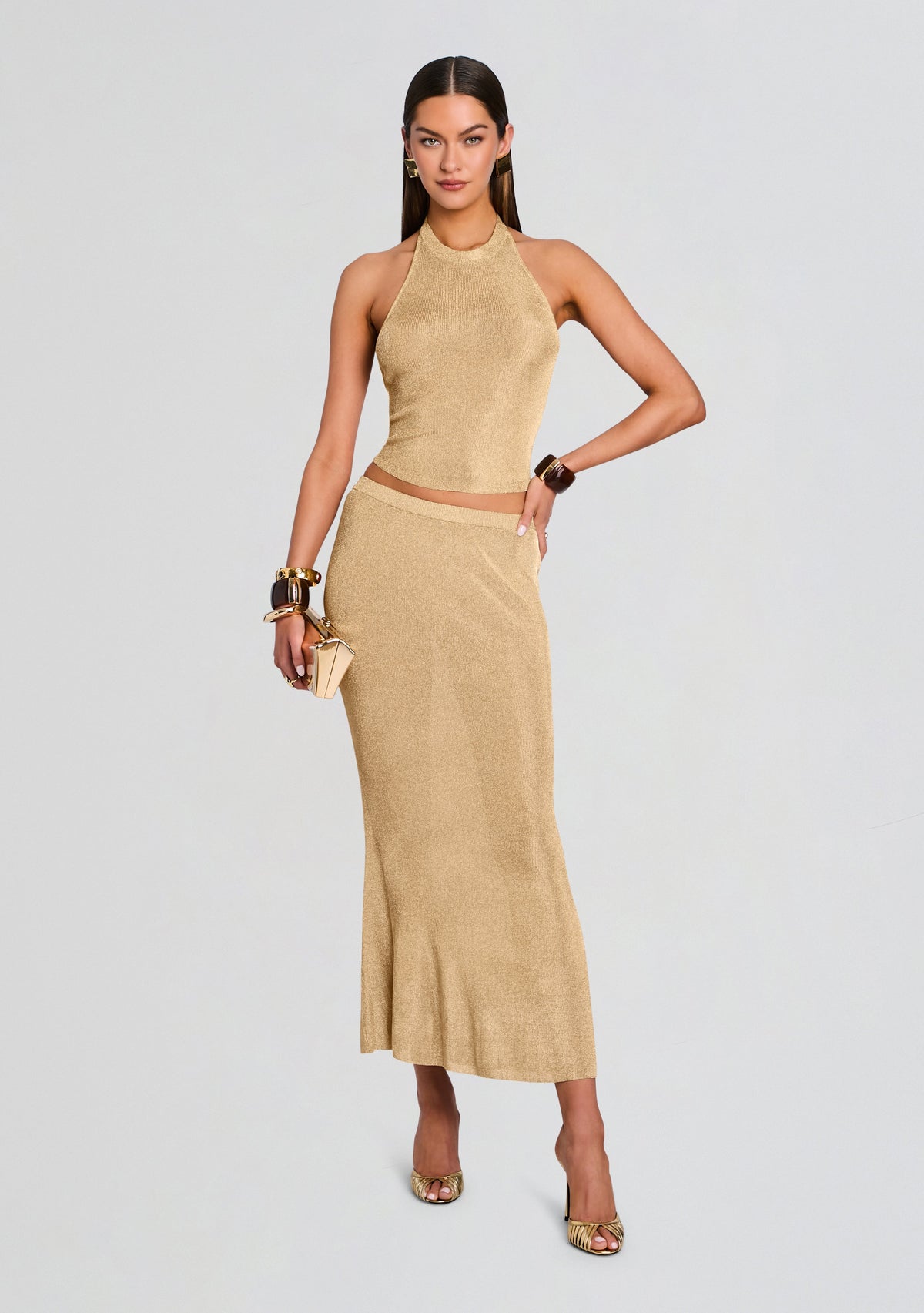 Harmony Metallic Knit Skirt by SEROYA in Gold, product image 2