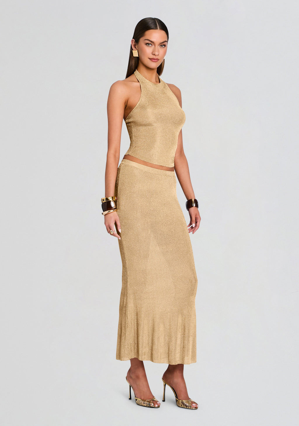 Minnie Metallic Knit Halter Top by SEROYA in Gold, product image 4