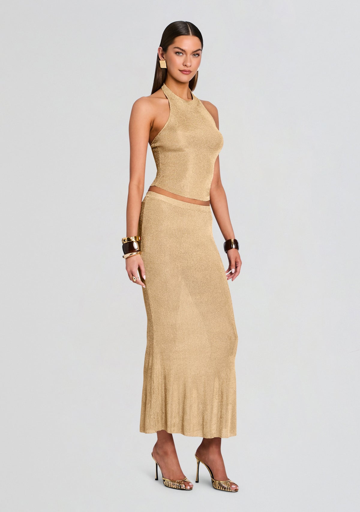 Minnie Metallic Knit Halter Top by SEROYA in Gold, product image 4