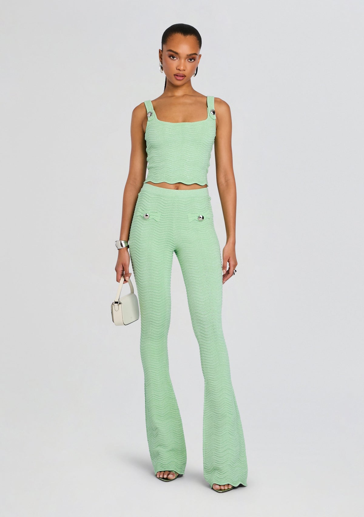Joliet Metallic Rib Knit Pant by retrofête in Metallic Mint, product image 2