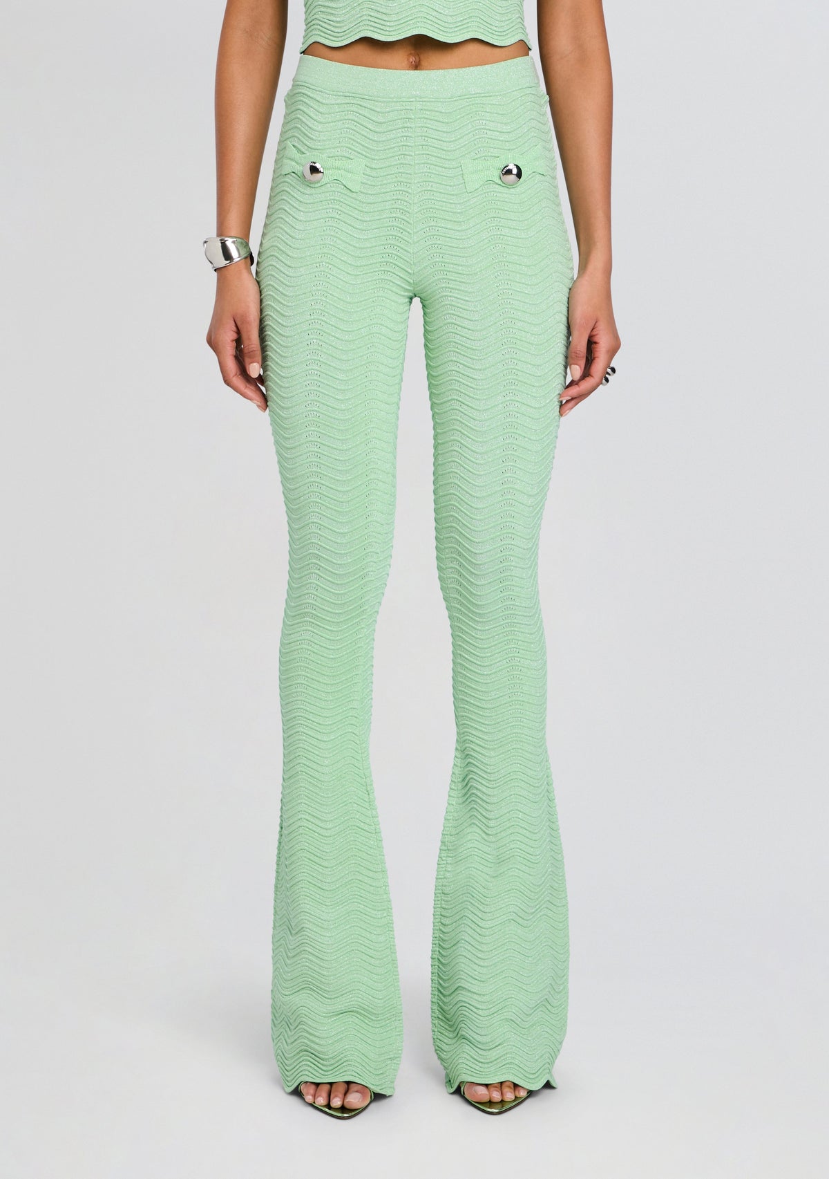 Joliet Metallic Rib Knit Pant by retrofête in Metallic Mint, product image 1
