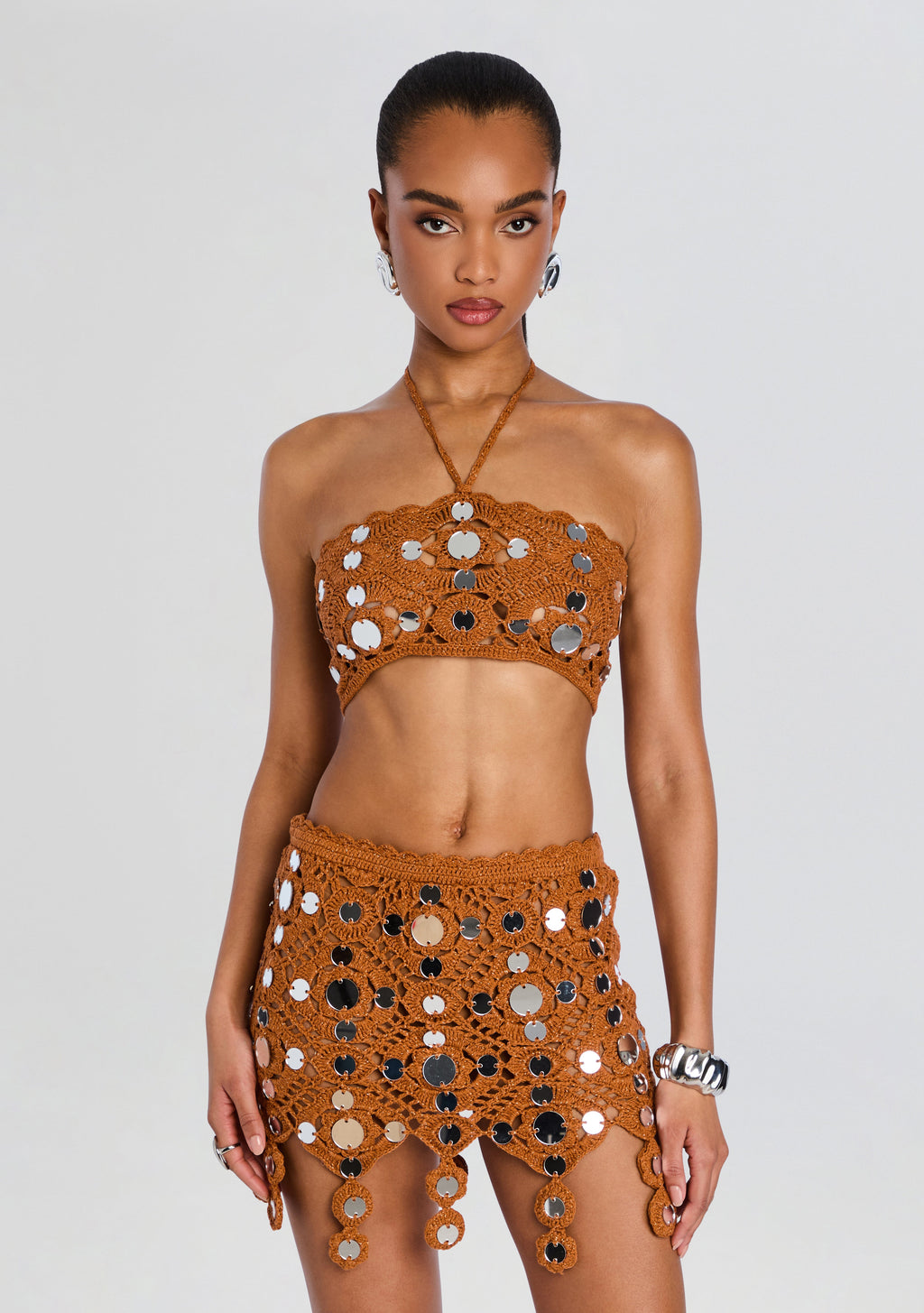 Enora Metallic Crochet Top by retrofête in Metallic Rust, product image 1