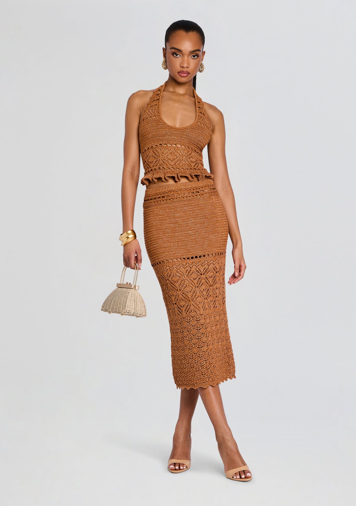 Leony Metallic Crochet Skirt by retrofête in Metallic Rust, product image 2