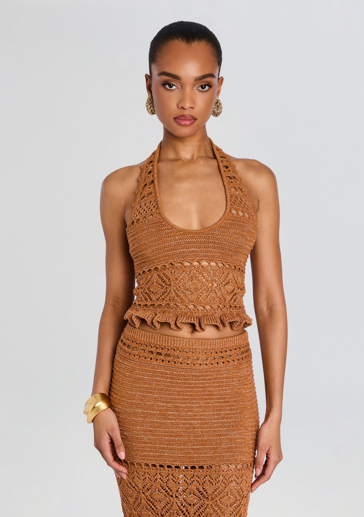 Laurine Metallic Crochet Top by retrofête in Metallic Rust, product image 1