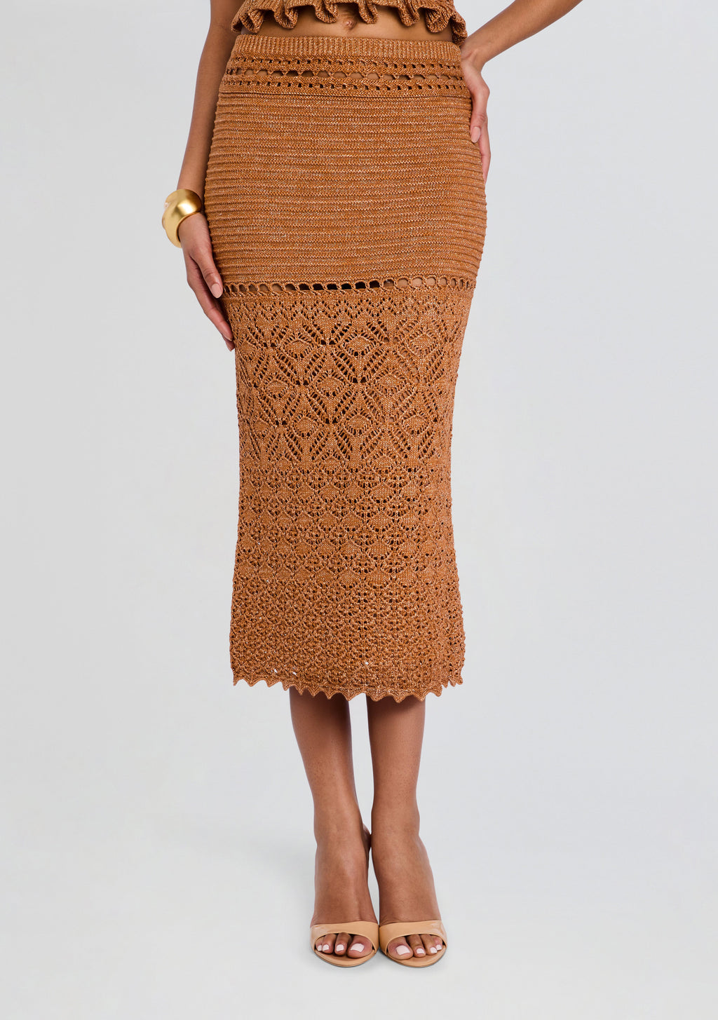 Leony Metallic Crochet Skirt by retrofête in Metallic Rust, product image 1