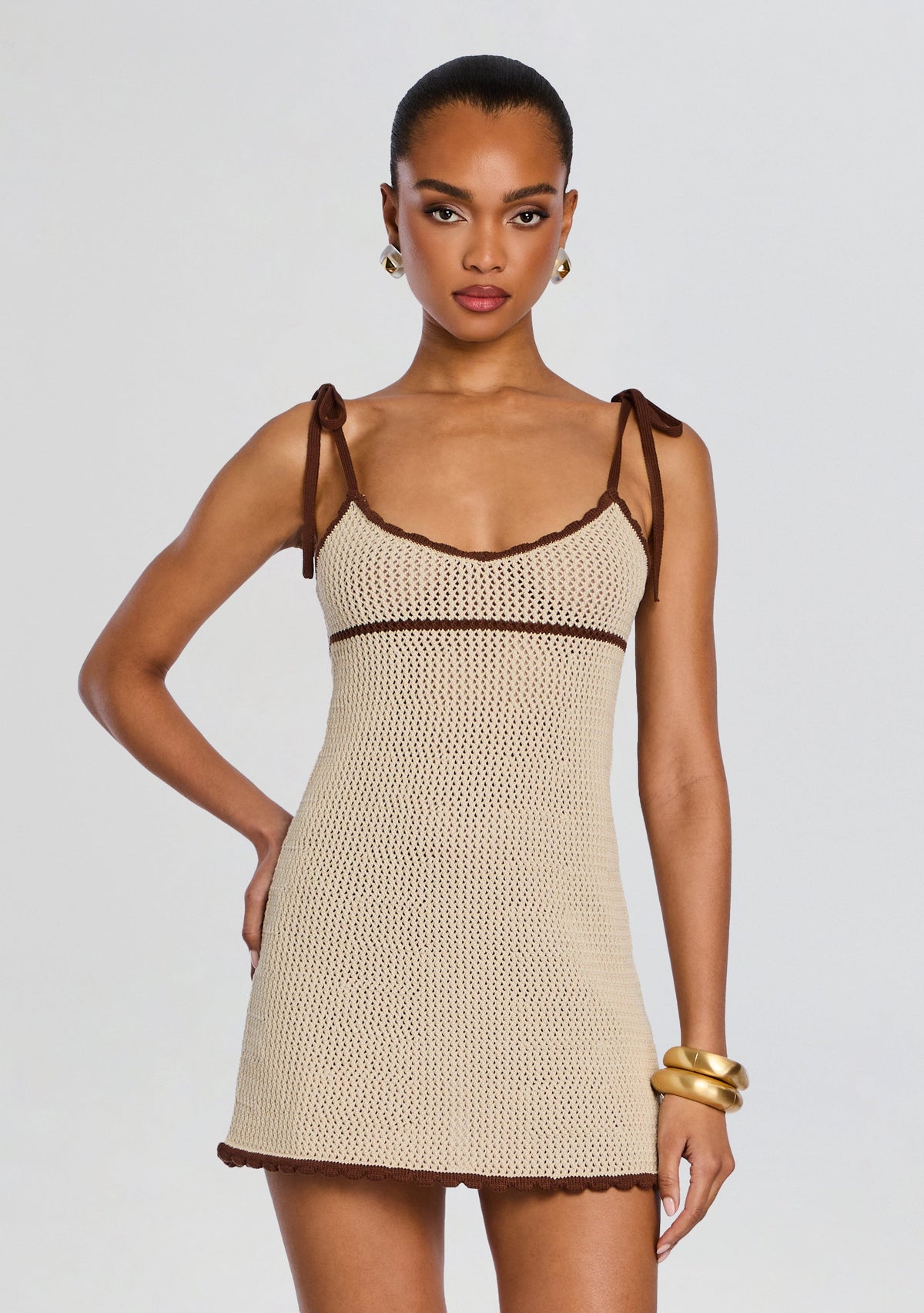 Malkie Crochet Mini Dress by SEROYA in Almond/ Cocoa Brown, product image 5