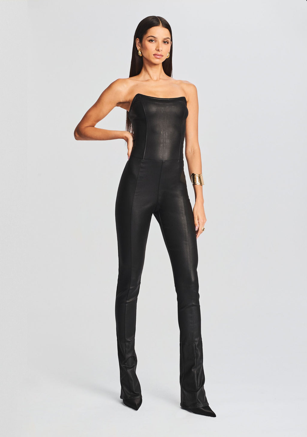 Brinley Coated Denim Jumpsuit by retrofête in Coated Black, product image 1