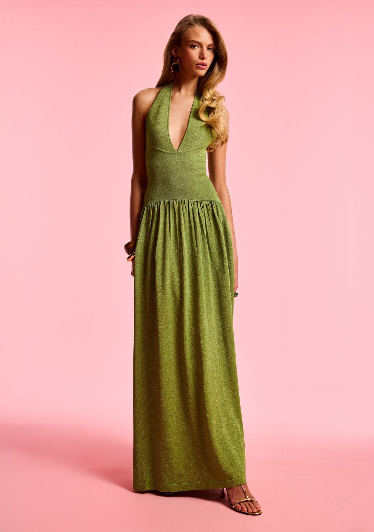 Marcelle Knit Dress by retrofête in Metallic Kiwi, product image 2