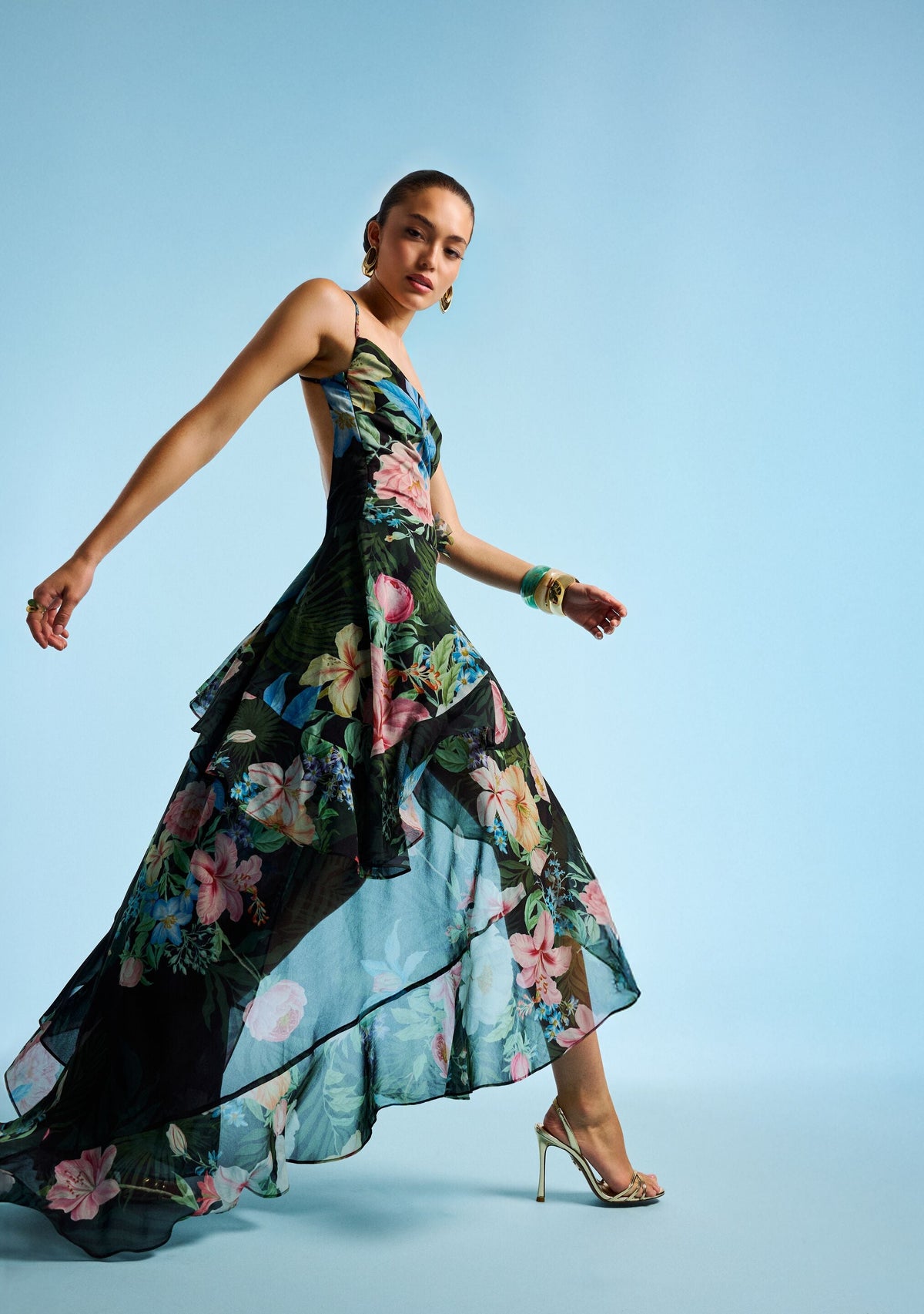Samara Silk Chiffon Dress by retrofête in Noir Fleur Tropicale, product image 2