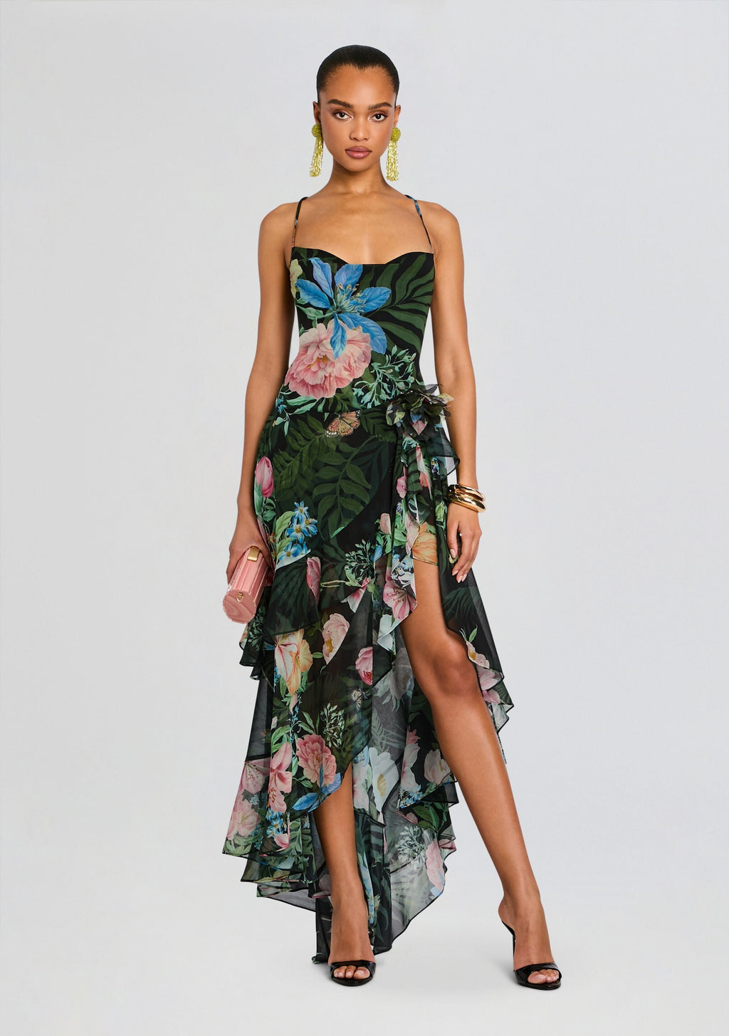 Samara Silk Chiffon Dress by retrofête in Noir Fleur Tropicale, product image 1