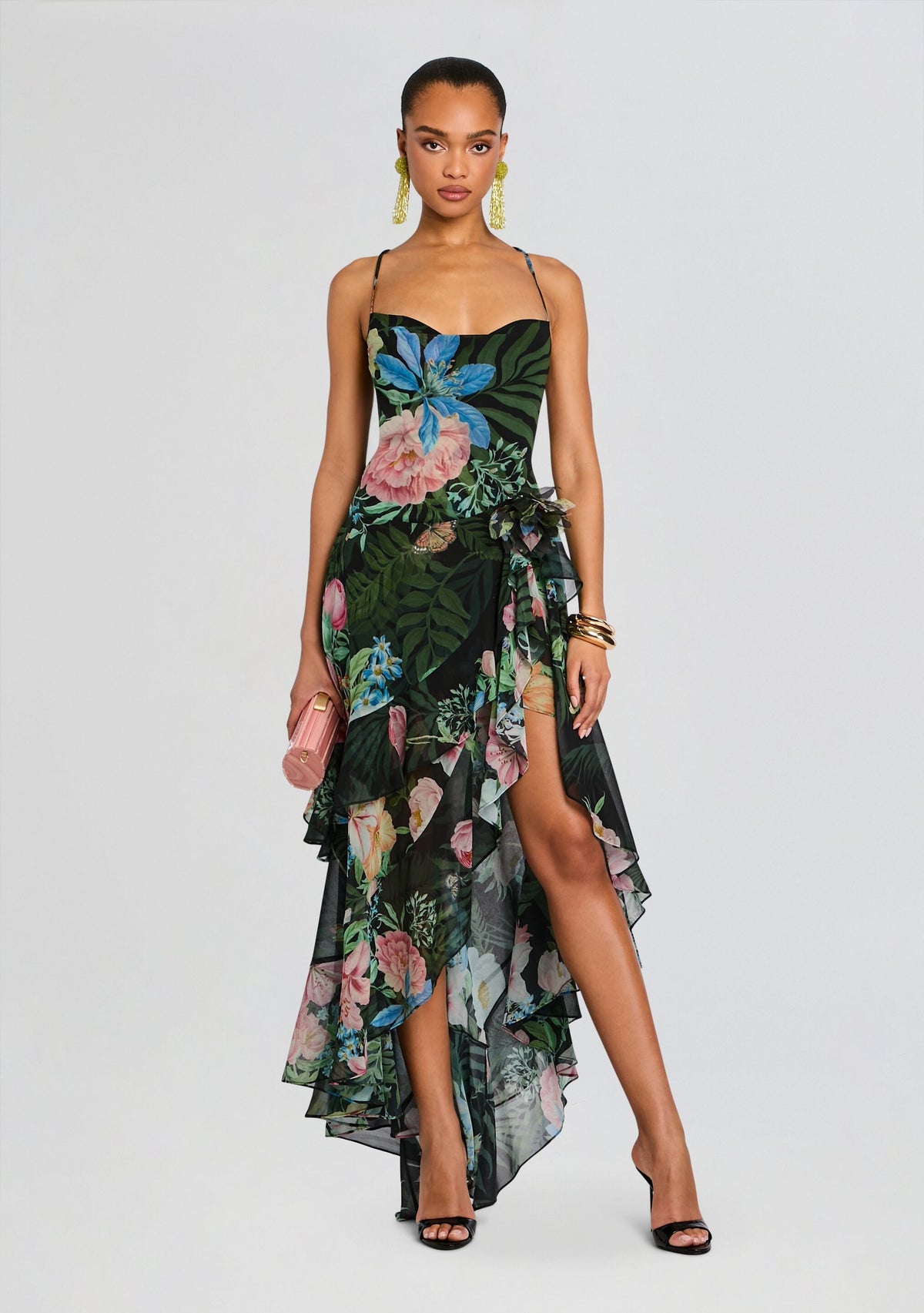 Samara Silk Chiffon Dress by retrofête in Noir Fleur Tropicale, product image 1