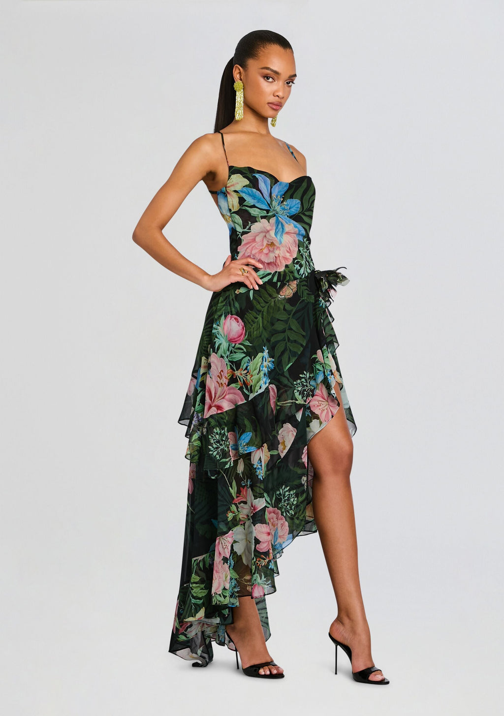 Samara Silk Chiffon Dress by retrofête in Noir Fleur Tropicale, product image 4