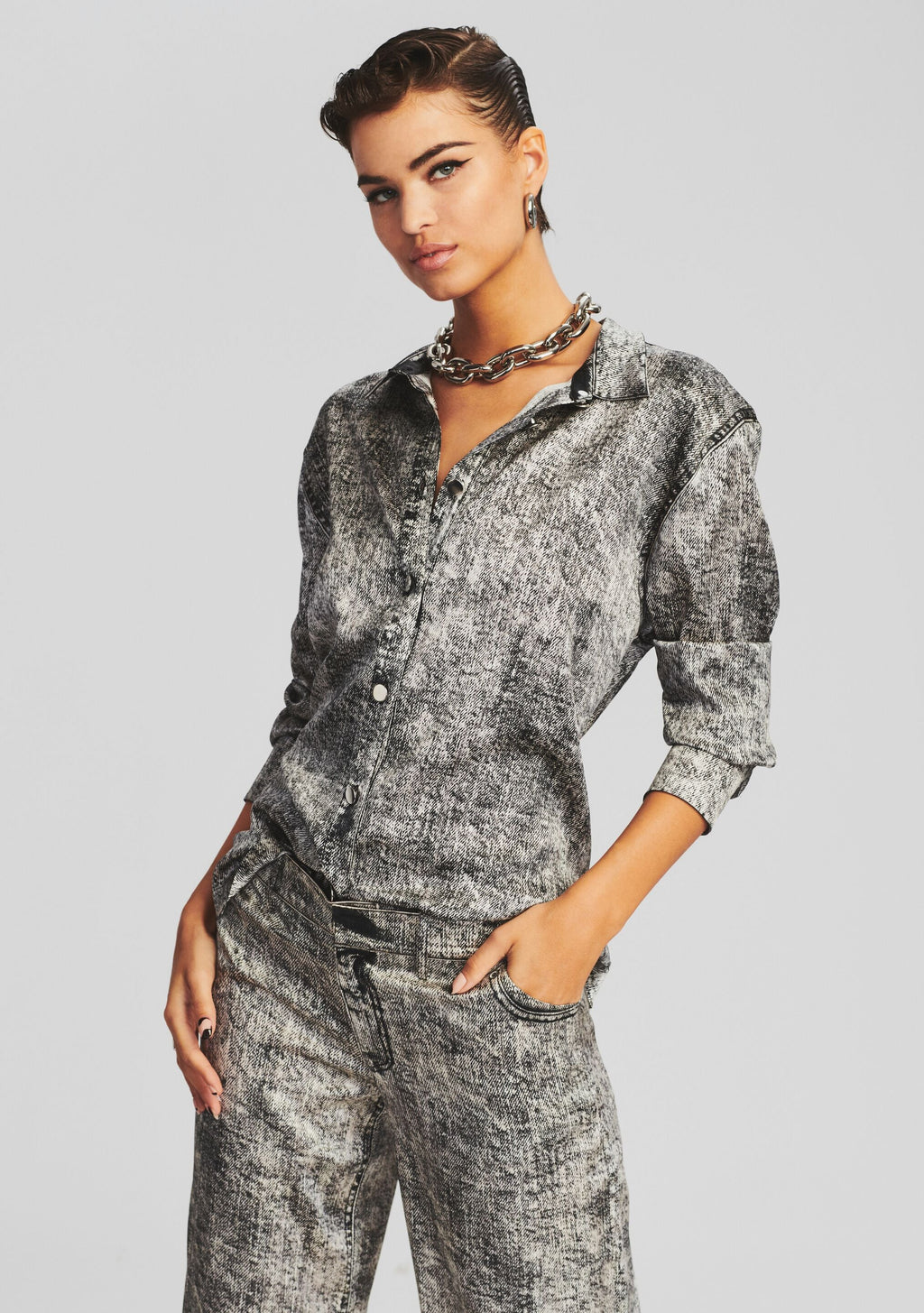 Murry Silk Shirt by retrofête in Black Acid Denim, product image 1
