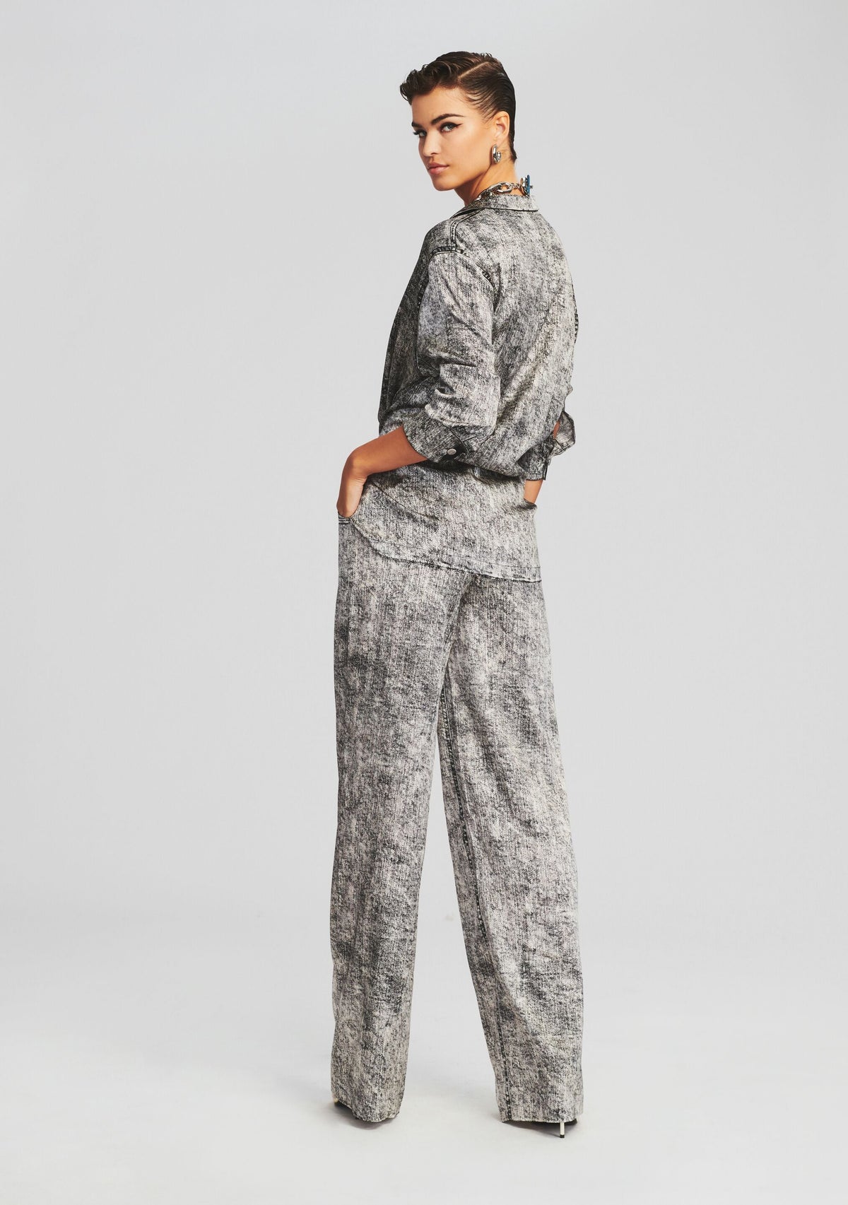 Verona Silk Pant by retrofête in Black Acid Denim, product image 4