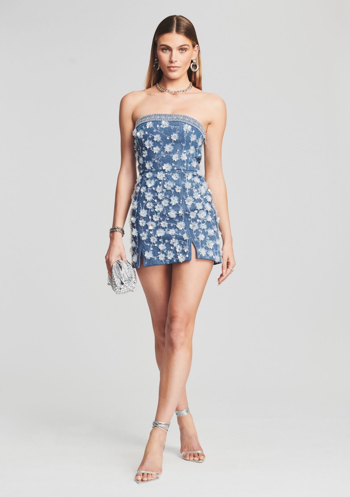 Cordelia Embellished Denim Dress by retrofête in Denim Floral, product image 1