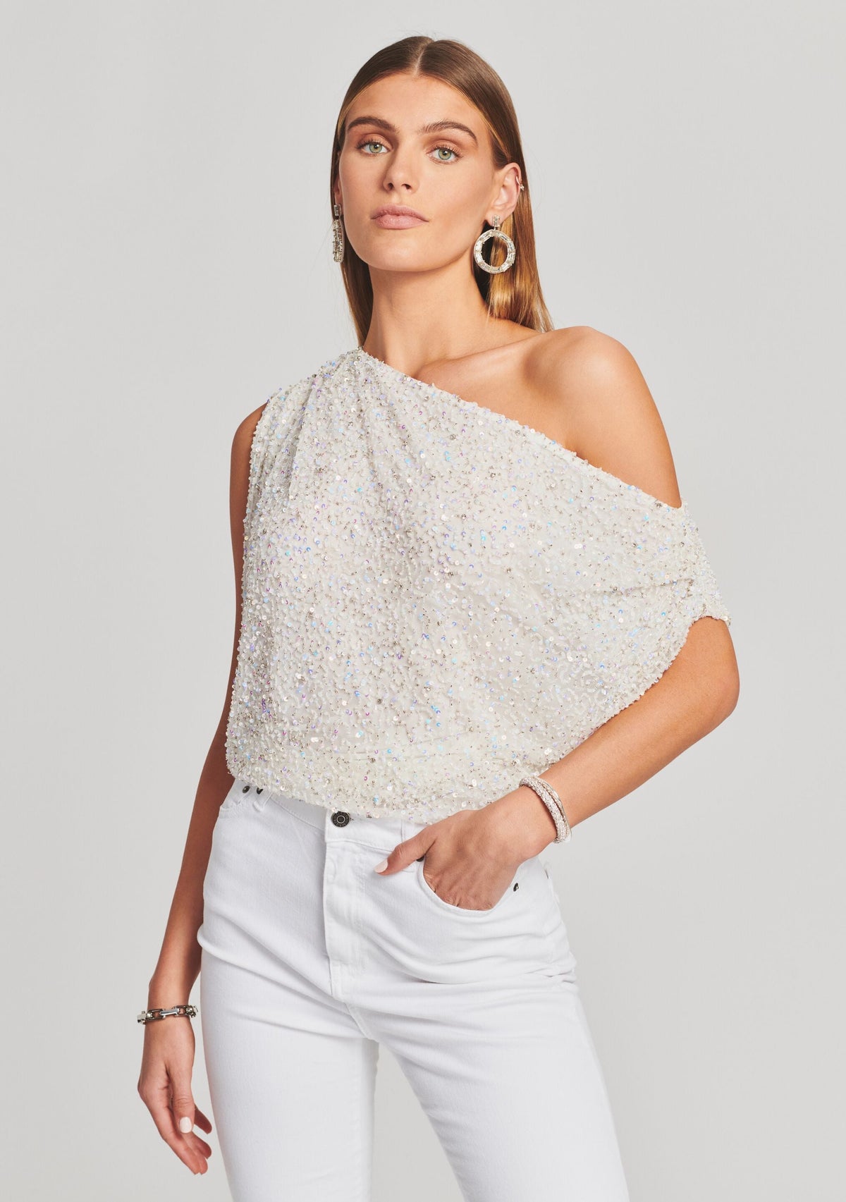 Myles Sequin Top by retrofête in Iridescent White, product image 1