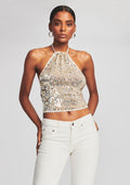 Stevie Sequin Crochet Halter Top by retrofête in Ivory Gold Silver, product image 1