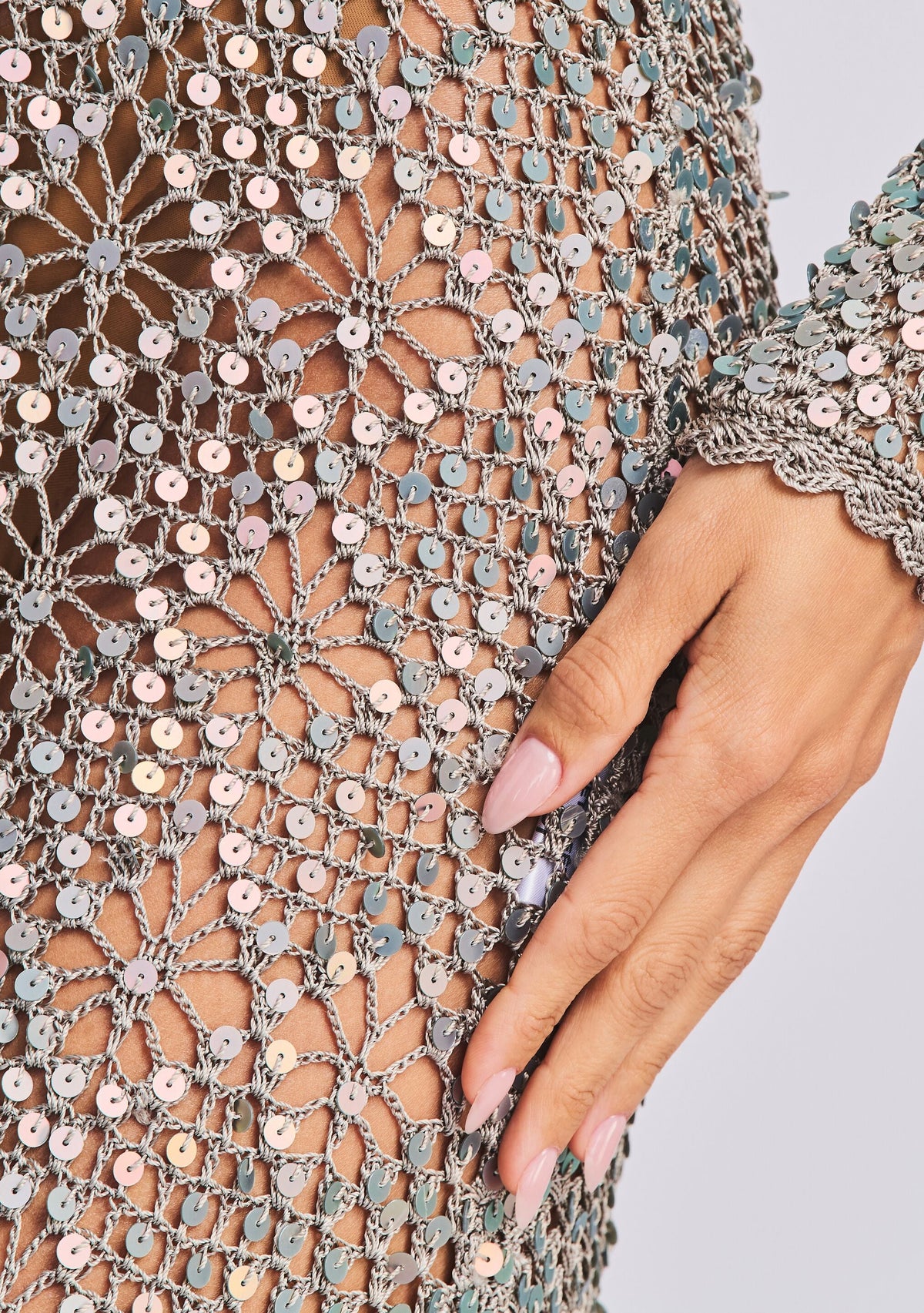 Alexa Sequin Open Crochet Dress by retrofête in Metallic Mink Grey, product image 2