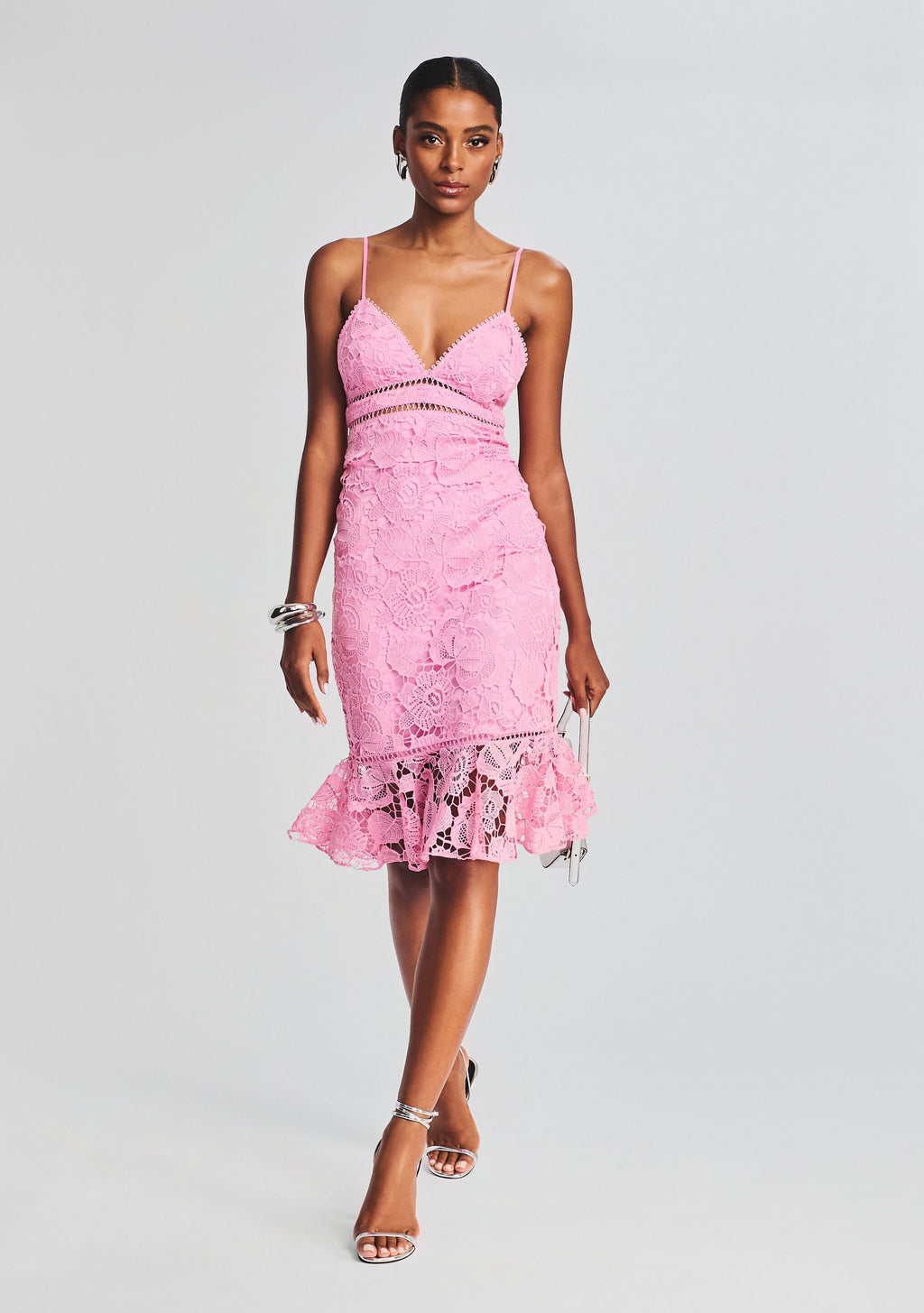Eliza Lace Midi Dress by Rococo Sand in Pink, product image 1