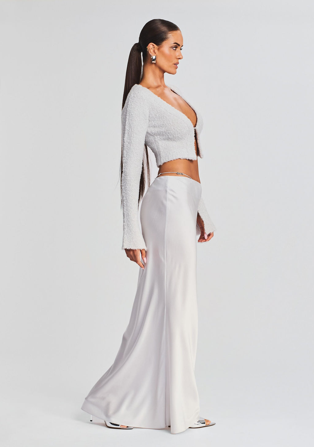 Silvana Silk Maxi Skirt by SEROYA in Silver, product image 3