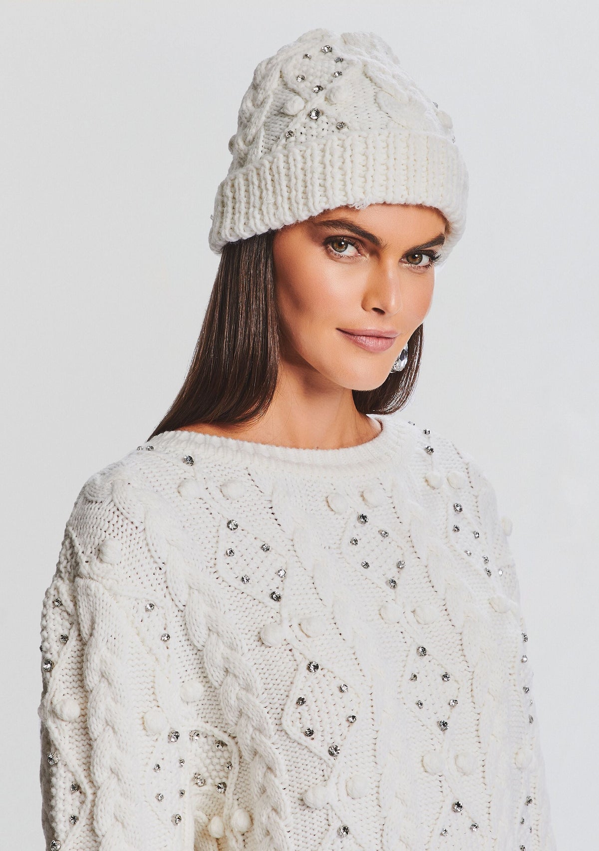 Evia Embellished Knit Hat by retrofête in Ivory, product image 1