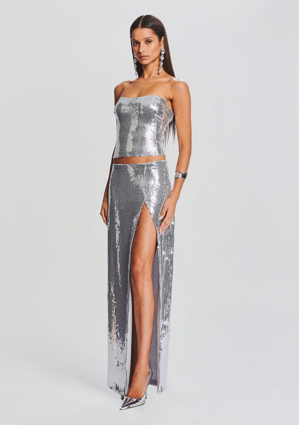 Savannah Sequin Maxi Skirt by retrofête in Silver, product image 3