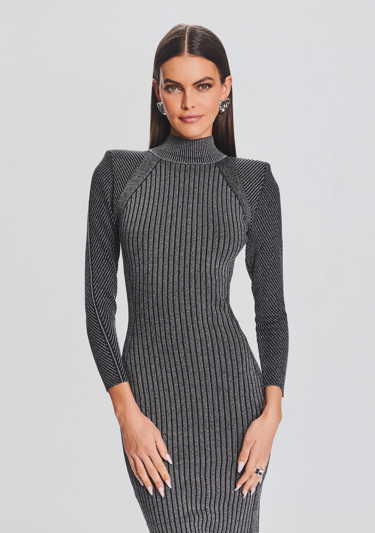 Aylin Metallic Rib Knit Dress by retrofête in Metallic Black/Silver, product image 2