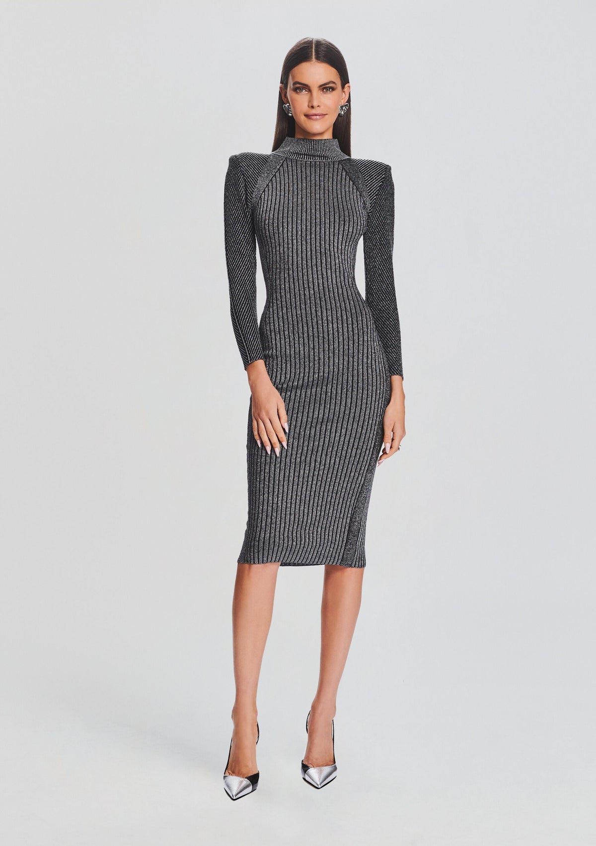 Aylin Metallic Rib Knit Dress by retrofête in Metallic Black/Silver, product image 5