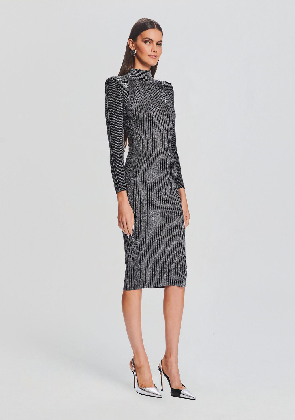 Aylin Metallic Rib Knit Dress by retrofête in Metallic Black/Silver, product image 3