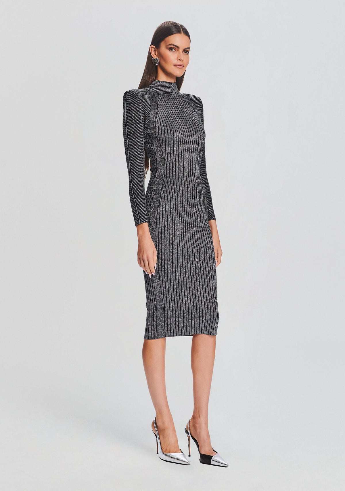 Aylin Metallic Rib Knit Dress by retrofête in Metallic Black/Silver, product image 3